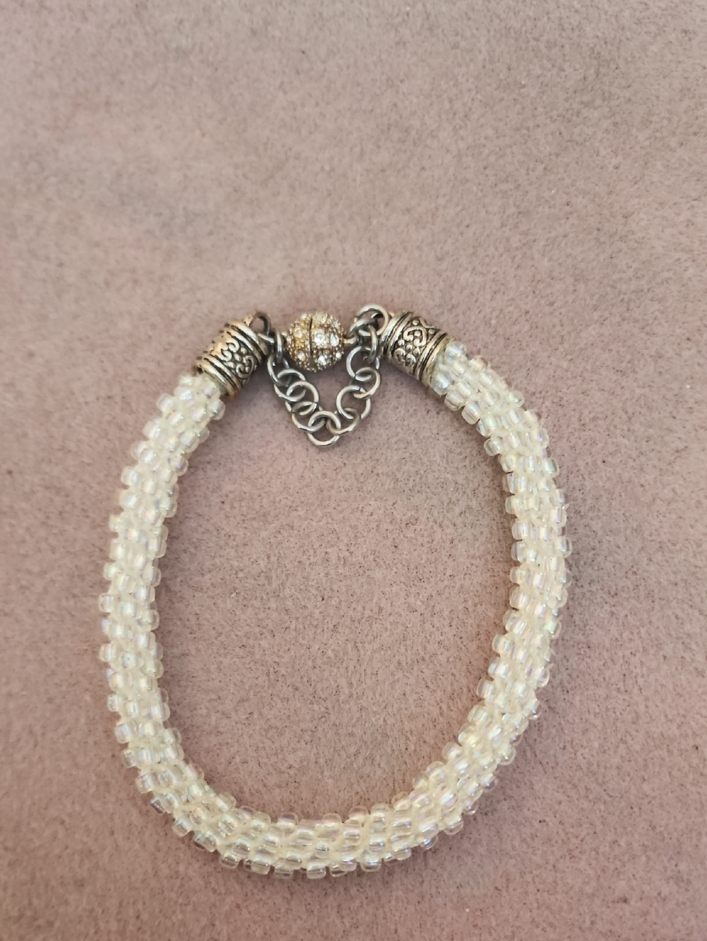 Kumihimo White & Silver Beaded Bracelet with Magnetic Clasp Handmade Bangle